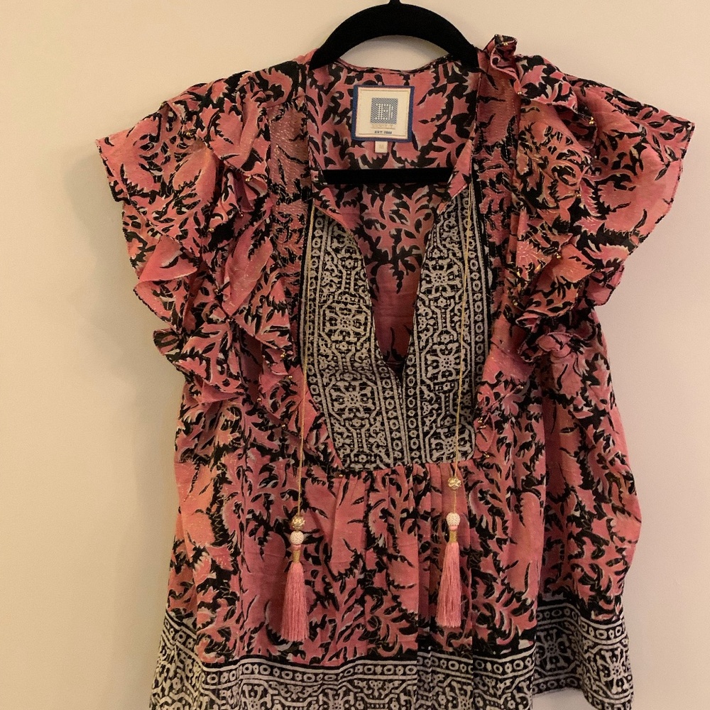 Bell - double ruffle sleeve top with split next line and tassel- Medium